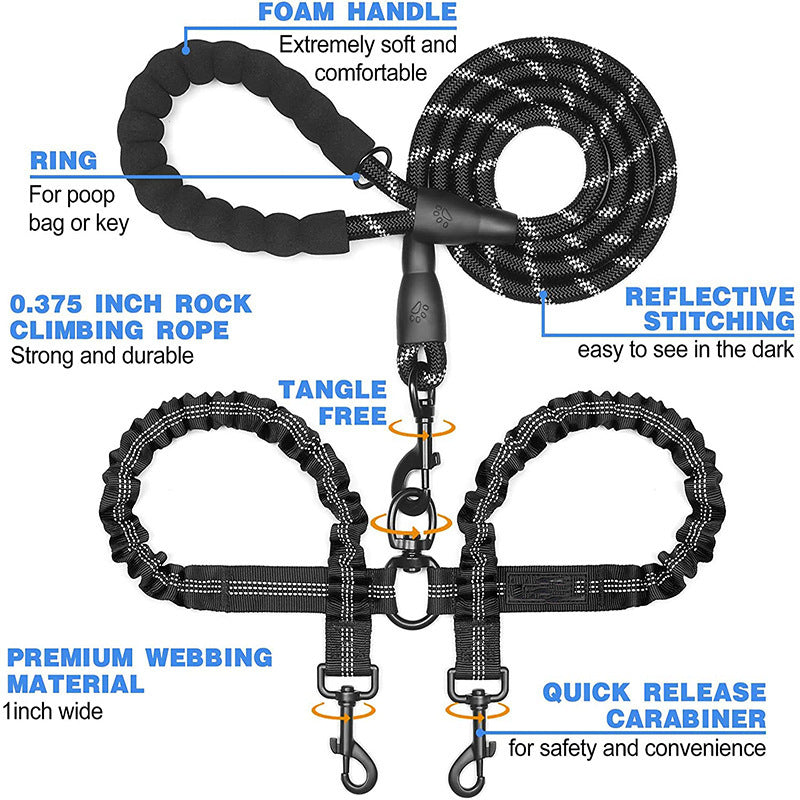 Pet Double-Ended Rope + 1.5M Leash - Easy to walk two dogs, tangle-free design